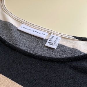 Longer length tunic top striped in black tan and cream